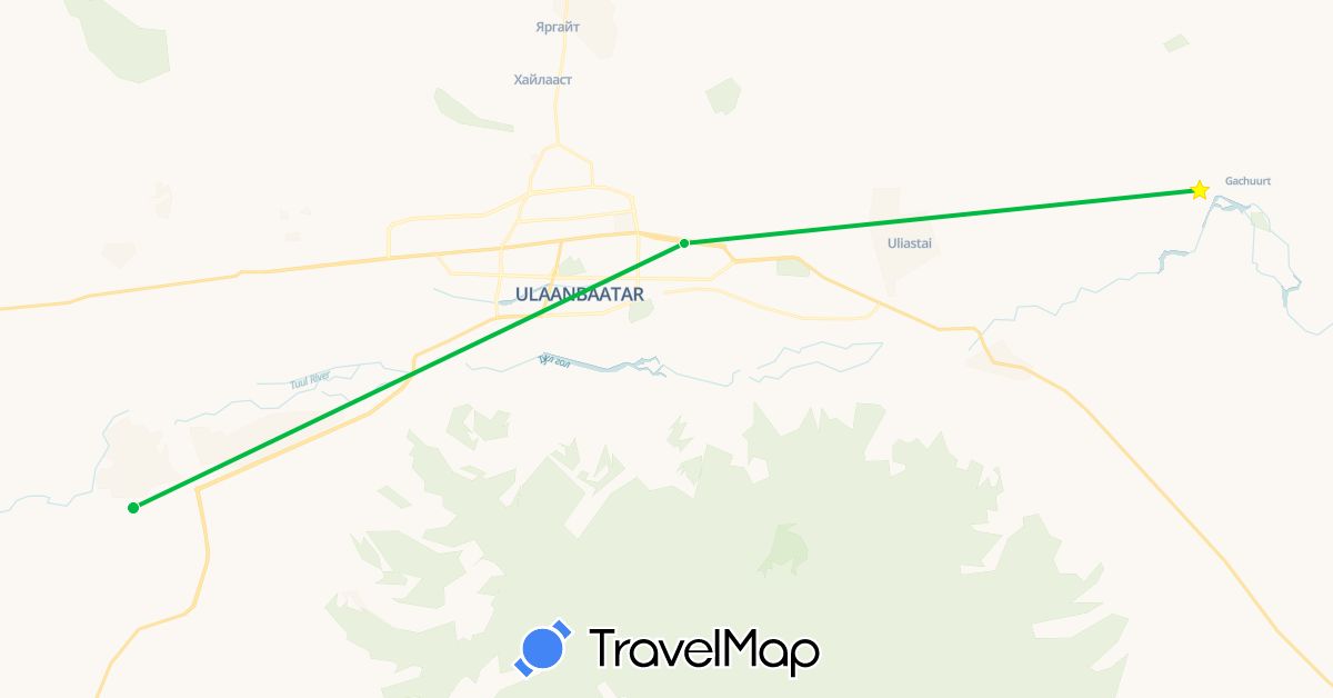 TravelMap itinerary: bus, cycling in Mongolia (Asia)